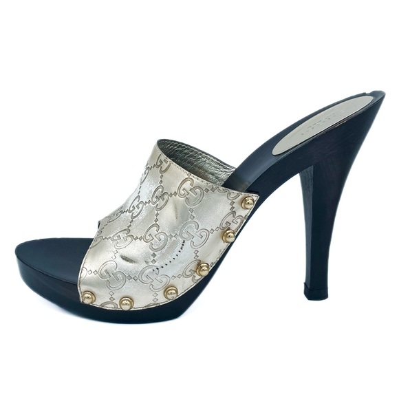 Gucci GG Monogram Logo Metallic Gold Wooden Mule Heels 8.5 - Picture 1 of 7